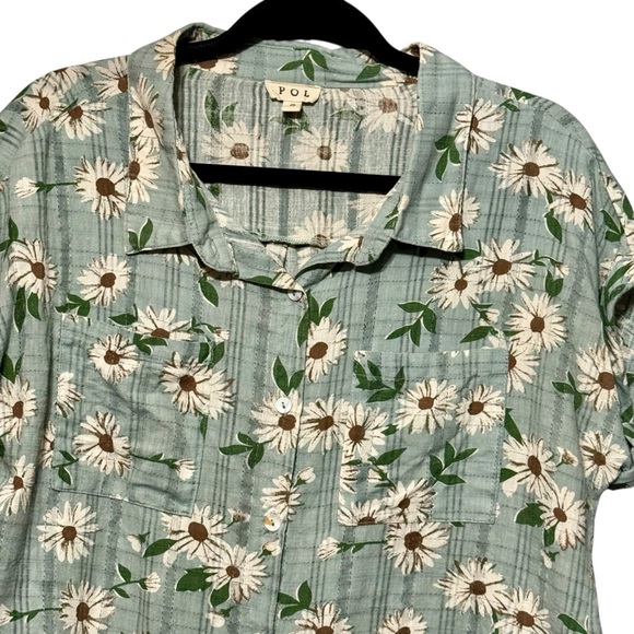 POL Cotton Gauzy Lightweight Floral Plaid Button Down Cuffed Sleeve Blouse - Picture 2 of 11